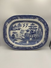 ANTIQUE VICTORIAN BLUE WILLOW PATTERN SERVING PLATTER STONE CHINA 17 1/2 X13 1/2