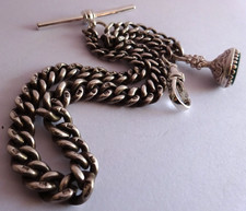 Antique solid silver pocket watch albert chain w/ silver & bloodstone fob seal