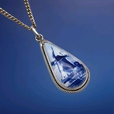 Delft Blue Silver Porcelain Holland Windmill Pendant Necklace Chain