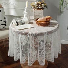 Vintage 60 inch White Lace Tablecloth Floral Embroidered Boho Shabby Chic Sma...