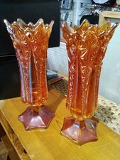2 BROCKWITZ Carnival Glass 1915 Rare Prism Panels Marigold Short Stem Tall Vase