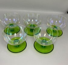 5 Dessert Dishes Ice Cream Sundae Bowls Vintage Art Deco Green Glass Stemmed