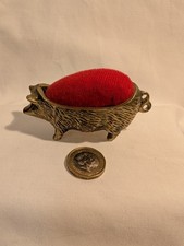 Antique / Vintage ? Brass Pig with Red Pin Cushion & Double Curled Tail