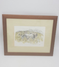 KYFFIN WILLIAMS  PRINT ON CARD SKETCH OF HORSES IN FIELDS FRAMED BY WELSH FRAMER