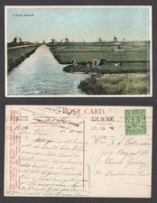 1912 KGV Downey Head Stoke on Trent Machine pm. Dutch Meadow Postcard. Windmills