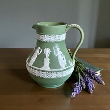 Wedgwood Green Jasperware Jug, Classical Relief Pitcher, Made in England c1958