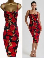 KAREN MILLEN ❤  STUNNING VINTAGE BLACK RED ROSE CORSET SLIP WIGGLE DRESS ❤ UK 10