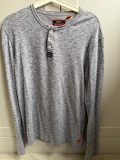 Superdry Mens Heathered Grey Long Sleeve Henley Tee Logo Size Medium