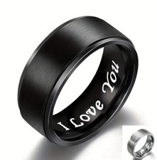 Mens Rings Fashion Black or Silver Stainless Steel Promise Ring Engraved