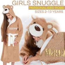 Personalised Kids Boys Girls Hooded Dressing Gown Teddy Bear Robe 7-13 Years UK