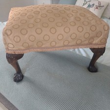 Vintage Footstool  With Claw Feet Dark wood muted gold colour Upholstery