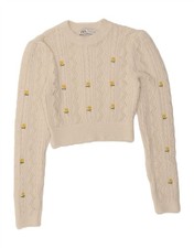 ZARA Womens Crop Crew Neck Jumper Sweater UK 10 Small White Floral BD04