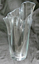 Vintage Hand Made Tall Clear Handkerchief Ruffled Edge Art Glass Vase 25 x 17 cm