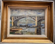 Stunning French Oil On Board painting Original 20th Century water boats 