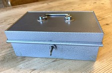 Cash Tin With Key - Metal Grey Metal Cash Box Money Tin Key