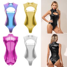 Women Metallic Cutout Bodysuit Sleeveless Catsuit Zip One Piece Leotard Swimwear