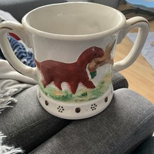 Antique 1880 Staffordshire Two Handle Cider Mug Dog Scene Frog Inside