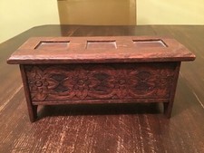 Antique Handcrafted Oak Chest Coffer Trinket Jewellery / Stamp Box/ 8”x 3”x 3.5”