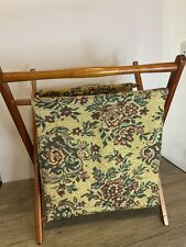 Vintage Tapestry Bag Knitting Sewing Folding Wooden Stand Magazine Rack Fabric