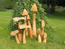Wooden Mushroom Toadstool Carvings - Sets of 3 Lawn Mushrooms - Assorted Sizes