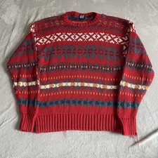 Gap Vintage Jumper Sweater Mens Medium Red Fairisle Cotton Pullover Crew Neck