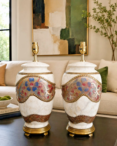 Pair table lamp marble - of,