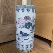 Vintage Porcelain Glazed Umbrella Walking Stick Stand 18” - Bird & Flower Design