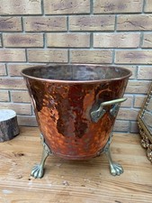 Large Vintage Copper Log Coal Bucket Planter Lion Feet Brass Handles