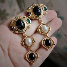CLIP ON RETRO 7cm long EARRINGS big GOLD FASHION jewelled clips CHUNKY vintage
