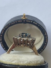 Large Vintage 9ct Gold Oval Blue Topaz Cubic Zirconia Cluster Ring Size P - 5.4g
