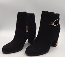 Moda- Women's UK 6 Faux Suede Black High Heel Boots With Gold Accents