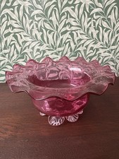 Collectable Vintage Handblown Cranberry Glass Bowl Fluted Edge Pontil Mark