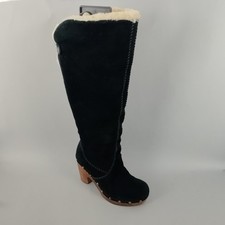 Ugg Knee High Boots Womens 4.5 Black Suede Leather Zip Heeled Tall Winter