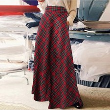 UK Women Check Plaid High Waist Long Skirts Back Zipper Pockets Maxi Skirt 8-24
