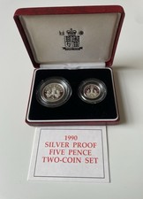 1990 UK 2x5 Pence Silver Proof Coin Set Small Large 5p Boxed with COA