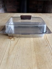 Midcentury stainless steel butter dish with plastic lid