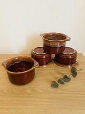 Set of 4 Vintage Brown Drip Glaze Soup Bowls with Handles – Made in England