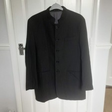 Detail Men's Mandarin Collar Jacket Coat Size 40L Black Pinstripe Fully Lined
