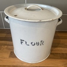 Large Shabby Chic Vintage Tin Enamel Flour Bin Canister White kitchenalia 