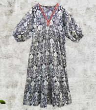 ZARA Black Cream Balloon Sleeve Linen Bl Embroidered Midi Kaftan Dress M 10 12