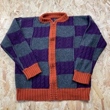 Vintage Patchwork Knit Cardigan Chunky Wool Purple Grey Orange XL