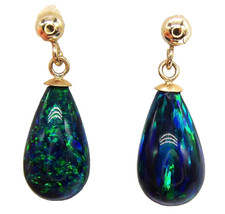 9ct gold black opal earrings fiery pear drop dropper stud 9 carat yellow gold
