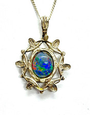 Vintage 1976 Sterling Silver Black Doublet Opal Pendant Necklace
