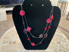 M&S Necklace Burgundy Tones silver Plated Chain Long Satellite Bead 