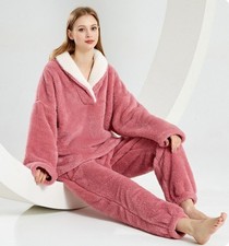Ladies Luxurious Pink Fluffy Loungewear Pyjamas Set with Cosy Collar and Pockets