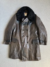 Vintage 1940s Swedish Military Leather Double Breasted Trench Coat Sheepskin ÖSB