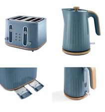 Kettle and 4 Slice Toaster Set Wooden Effect Blue Scandi FREE DELIVERY