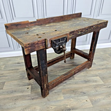 Antique Wooden Workbench Kitchen Island Table – Record Vice – Rustic Industrial