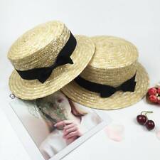 Child Girls Straw hat Bowknot Sun Hat Boater Beach Ribbon Round Flat hats