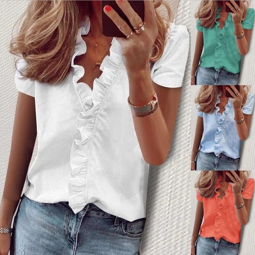Women ruffled neck - v-neck, t-shirt